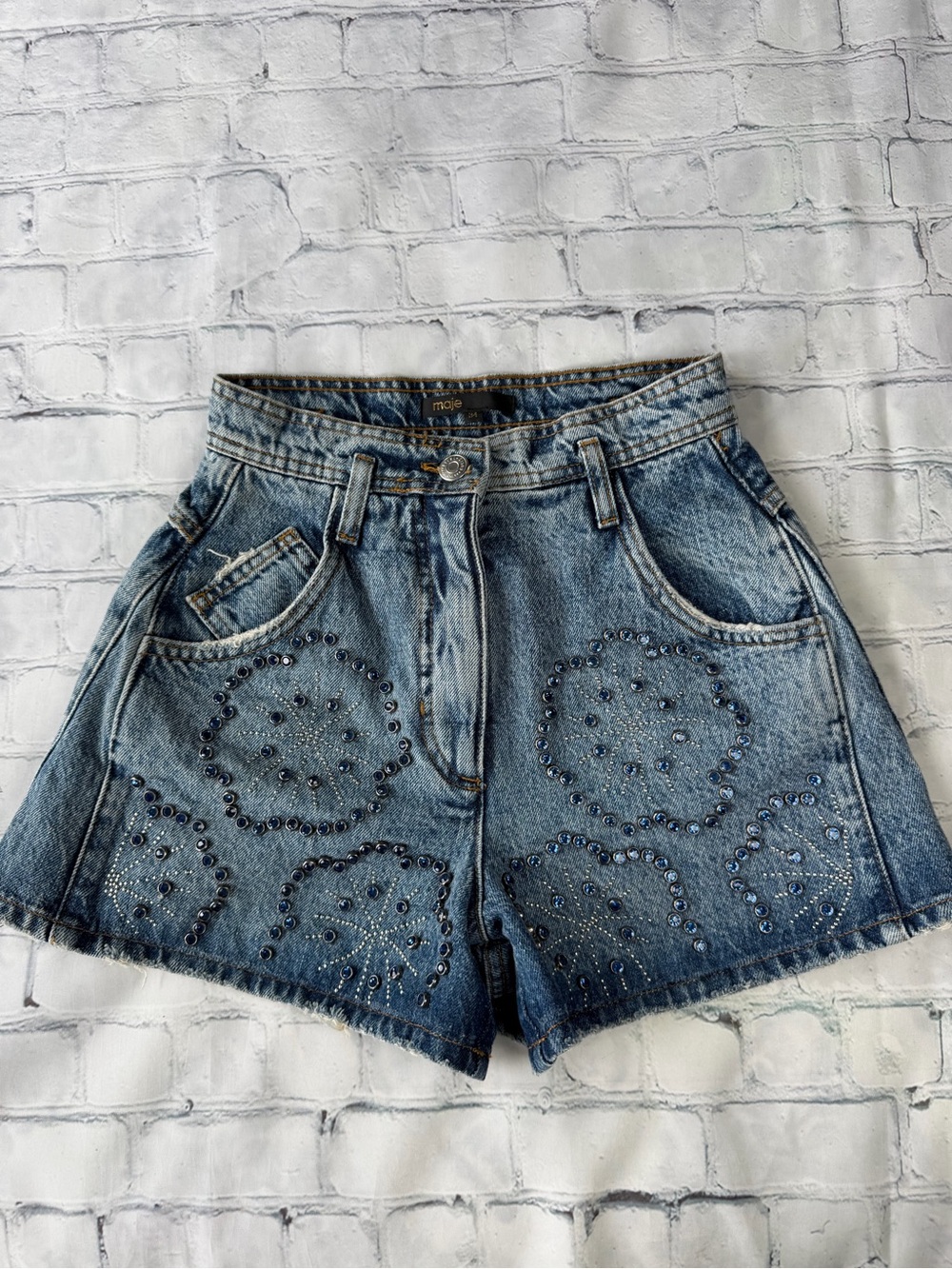 ✅ Maje Studded Blue Denim High Rise Jeans Shorts size 34